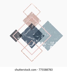 Abstract composition of decorative rhombus with grunge texture and golden rose trendy frames. Beautiful background for any type of design.