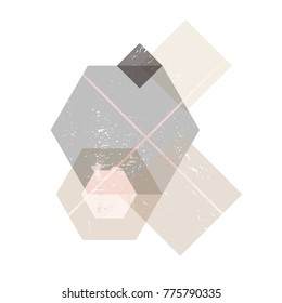 Abstract composition of decorative rhombus and polygons with grunge texture and golden rose trendy lines. Beautiful background for any type of design. Geometric forms.