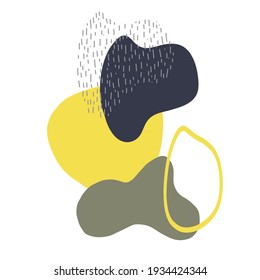 Abstract composition of different forms and shapes in yellow, dark blue and green colors. Scribbles in grey color