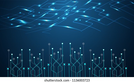 Abstract composition digital style. with lines, dots, line neon, blue and gray colors horizontal template on dark blue background. Vector illustration. 