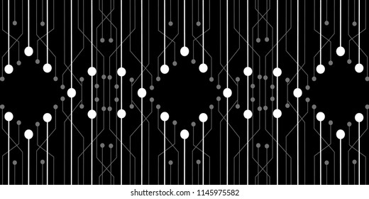 Abstract composition digital style. with square, Lines, Dots and Slanting lines for Circuit boards, black, white, gray colors horizontal template isolated on black background. Vector illustration.
