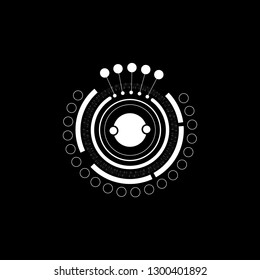 Abstract composition digital style. Technology elements with lines, circles, dots, rings, color black and white. isolated on black background. Vector illustration.  