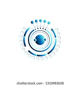 Abstract composition digital style. Technology elements with lines, circles, dots, rings and color green, blue neon light. Isolated on white background. Vector illustration.  