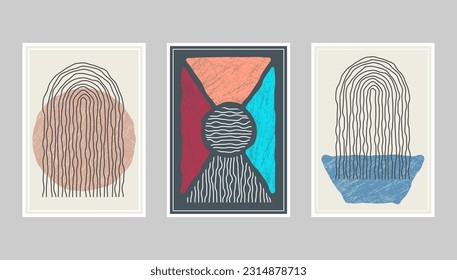 Abstract composition of distorted geometric shapes. A collection of posters or paintings in a minimalist style. Layout of interior design, prints and creative ideas