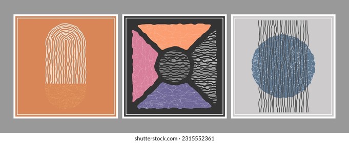 Abstract composition of distorted geometric shapes. A collection of posters or paintings in a minimalist style. Layout of interior design, prints and creative ideas