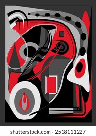 Eine abstrakte Komposition wird von Rot, Schwarz und Grau dominiert, die verschiedene geometrische Formen aufweisen, die mit gekrümmten und linearen Elementen verwoben sind. 