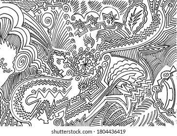 Composición abstracta de los garabatos. Composición caótica geométrica de líneas y elementos simples. El fondo de las líneas