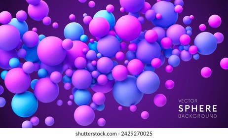 Abstract composition with dreamy blue pink purple vibrant neon gradient random flying spheres. Colorful neon matte soft balls in different sizes. Vector background
