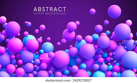 Abstract composition with dreamy blue pink purple vibrant neon gradient random flying spheres. Colorful neon matte soft balls in different sizes. Vector background