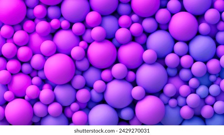 Composición abstracta con esferas voladoras aleatorias de gradiente de neón vibrante púrpura azul de ensueño. Bolas suaves mate de neón de colores en diferentes tamaños. Vector de fondo