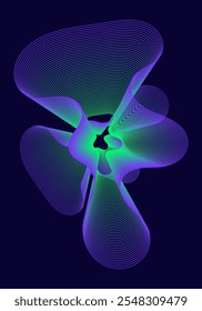 Uma composição abstrata vibrante com uma interação dinâmica de linhas fluindo e gradientes em tons de roxo e verde.