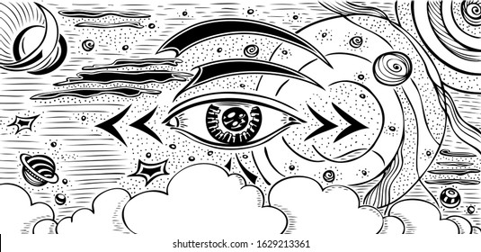 Abstract composition with Eye cosmos planets space galaxies comets stars black holes Milky Way sky clouds meteorites orbits in black white for representation higher powers in doodle style