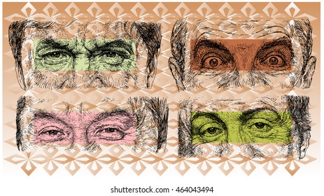 Abstract composition with the eyes of a man in the style of pop art - hand drawn vector illustration