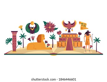 Abstract composition with famous symbols and landmarks of Egypt. Sphinx of Giza, Karnak temple, Valley of Kings. Vector illustration