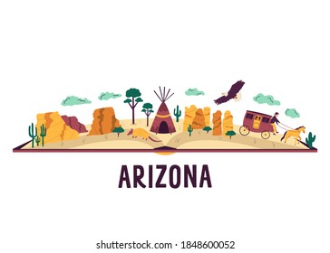 Abstract composition with famous symbols and landmarks of Arizona state. Grand Canyon, Apache Reservation, Sedona National park