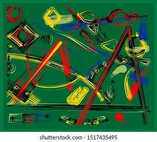 abstract composition , fancy colorful shapes on green background