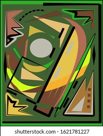 abstract composition , fancy   colorful shapes , green , brown , gray
