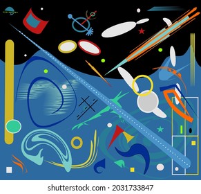 abstract composition , fancy   colorful shapes , blue , white , green