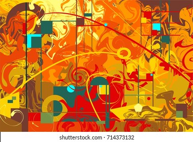 abstract composition , fancy curved and geometric brown green shapes on red orange background