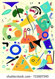 abstract composition , fancy curved and geometric colorful shapes on light yellow background