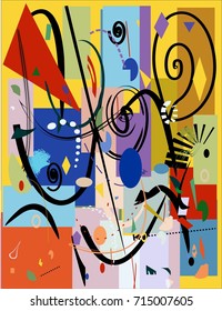 abstract composition , fancy curved and geometric colorful shapes on yellow background