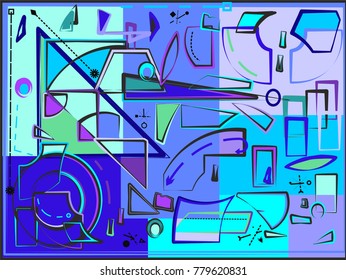 abstract composition , fancy curved and geometric blue shapes on light blue background
