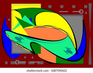 abstract  composition ,fancy curved intricate shapes ,orange blue on brown background
