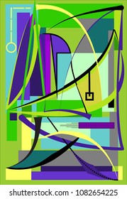 abstract  composition ,fancy curved shapes purple  blue on light green background
