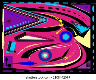 abstract  composition ,fancy curved shapes ,blue purple on fuxia background