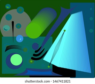 abstract composition , fancy  geometric blue shapes on dark green  background