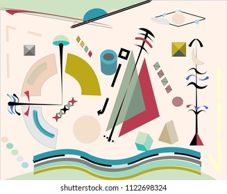 abstract composition , fancy  geometric colorful shapes on light blue background