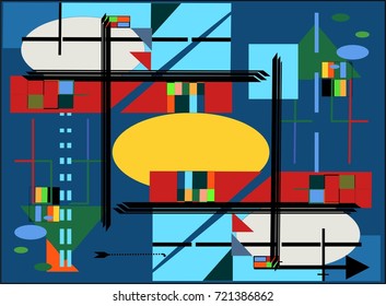 abstract composition , fancy geometric shapes on blue background