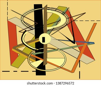 abstract composition , fancy lines and  geometric brown red shapes on beige background