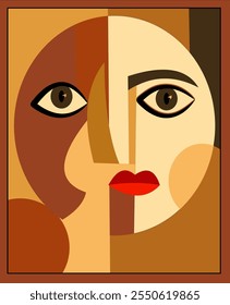 An abstract composition features a geometric face with large, expressive eyes and bold, red lips. Warm shades of brown and beige create a cubist style, emphasizing symmetry and contrast.