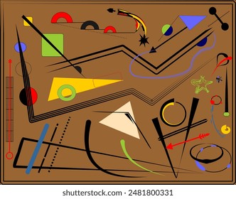 An abstract composition features a geometric shapes, lines, and colors on a brown background. black lines intersect with circles, triangles, and poligones