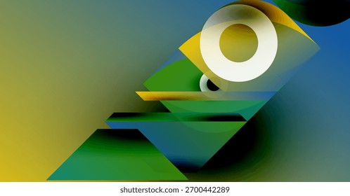 Abstract composition features geometric shapes, vibrant colors. Overlapping forms create depth, visual interest. Gradient blends dominate scene.
