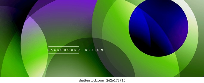 Abstract composition features overlapping circles, vibrant gradients. Green, purple, blue hues create dynamic visual effect. Modern design element.