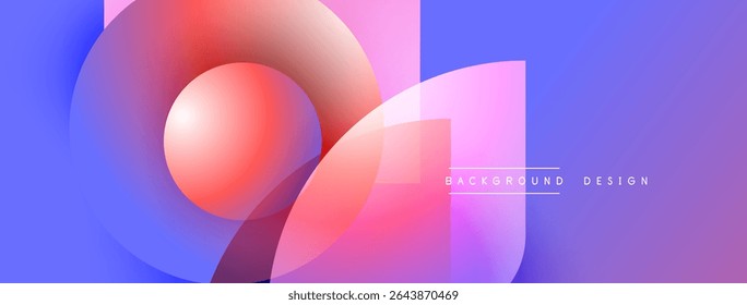Abstract composition features overlapping circles, squares. Gradient colors blend from blue to pink, creating modern visual effect.