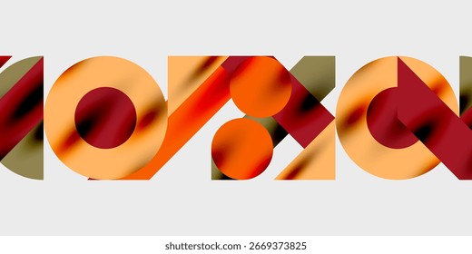 Abstract composition features overlapping orange, red, brown shapes forming text. Minimalist design with dark background, light gray space.