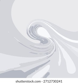 An abstract composition features swirling shapes in various shades of gray. The design is presented on a white background with a dynamic arrangement and textured brushstrokes.