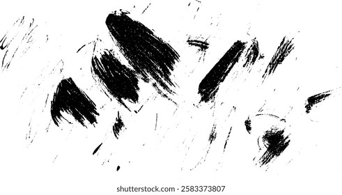 An abstract composition featuring bold black brush strokes on a white background, creating a dynamic and expressive visual effect.