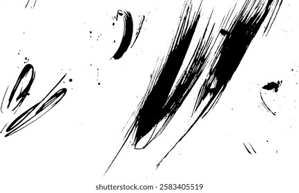 An abstract composition featuring bold black brush strokes and splatters on a white background, creating a dynamic and energetic visual effect.