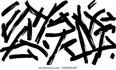 An abstract composition featuring bold, black brush strokes arranged in a chaotic yet artistic manner. The strokes create a sense of movement and energy, suitable for modern art themes.