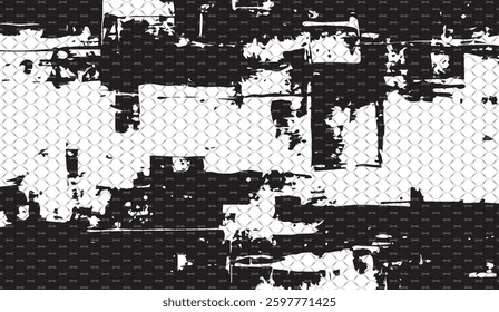 Abstract composition featuring bold brushstrokes over a geometric trellis background with strong contrast creating a visually stimulating modern graphic