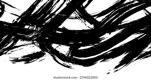 An abstract composition featuring bold, sweeping black brush strokes on a white background, creating a dynamic and energetic visual effect.