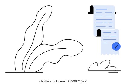 An abstract composition featuring a certificate with a blue checkmark and scroll held by a simple holder, complemented by minimalist plant drawings. Ideal for certification, approval, accomplishment