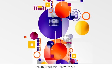 Composição abstrata com círculos coloridos, quadrados, pontos. As formas geométricas se sobrepõem criando um efeito visual dinâmico. Elementos de design modernos presentes.