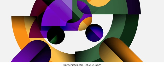 Abstract composition featuring colorful geometric shapes. Circles, curves, gradients create dynamic visual interplay. Modern design, vibrant hues.