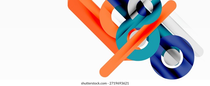 Composição abstrata com formas geométricas coloridas. Cilindros de interseção, retângulos criam efeito visual dinâmico. Estética limpa e moderna.