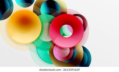 Abstract composition featuring colorful overlapping circles, lines creating dynamic visual effect. Modern design, vibrant hues, geometric shapes dominate scene.